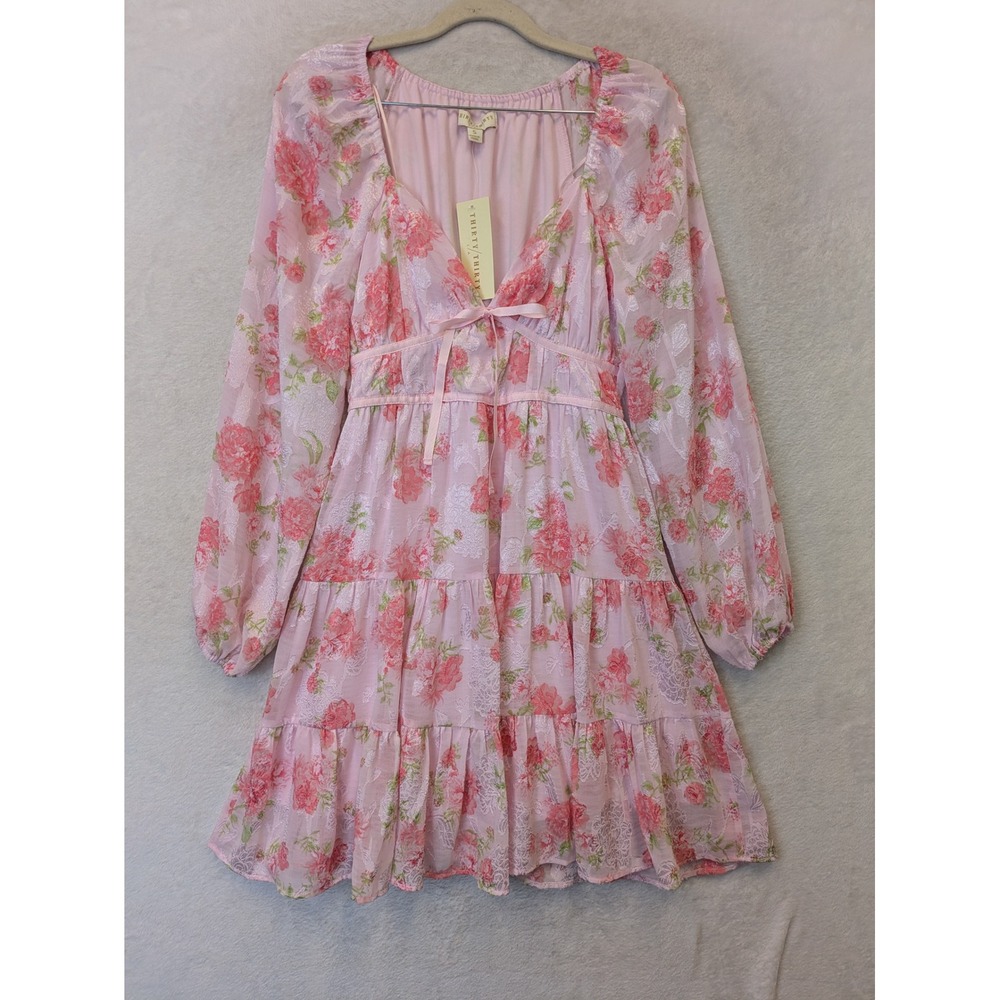 Thirty Thirty LA Pink Floral Coquette‎ Tiered Mini Dress Long Sleeve V-Neck S